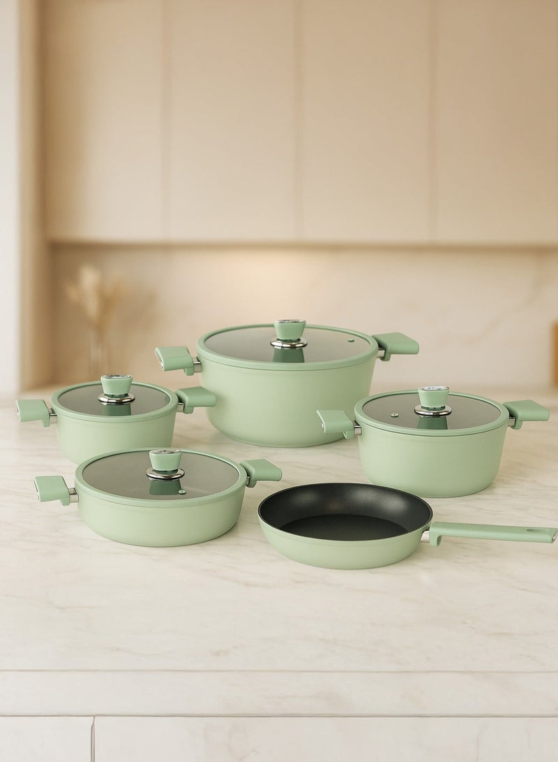 أوزو طقم أواني طهي أوزو بريميوم مكون من 9 قطع، لون المحار، أخضر ناعم، يشم، جرانيتاك، غير لاصق، مع أغطية زجاجية، رقم الموديل 3933، صنع في تركيا - Image 3